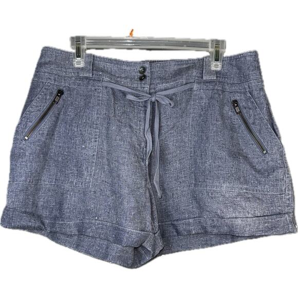 STEM 100% Linen Zip Fly Button Belted Shorts LG Zip Pockets Elastic Waist Blue - Picture 1 of 6